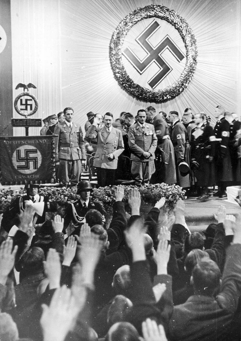 Adolf Hitler with Konrad Henlein and party members during his visit to the Sudetenland town of Reichenberg